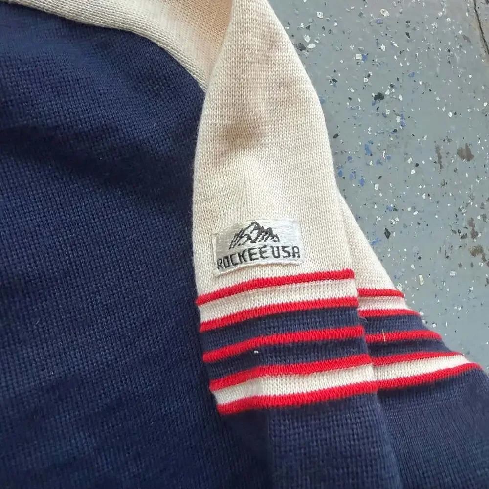 1970s Rockee Usa 1/4 Zip Sweater Large Navy Wool Striped Knit